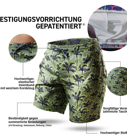 Loïc Henry Herren-Badeshorts Lang Kaki Palm mit patentiertem Haltesystem
