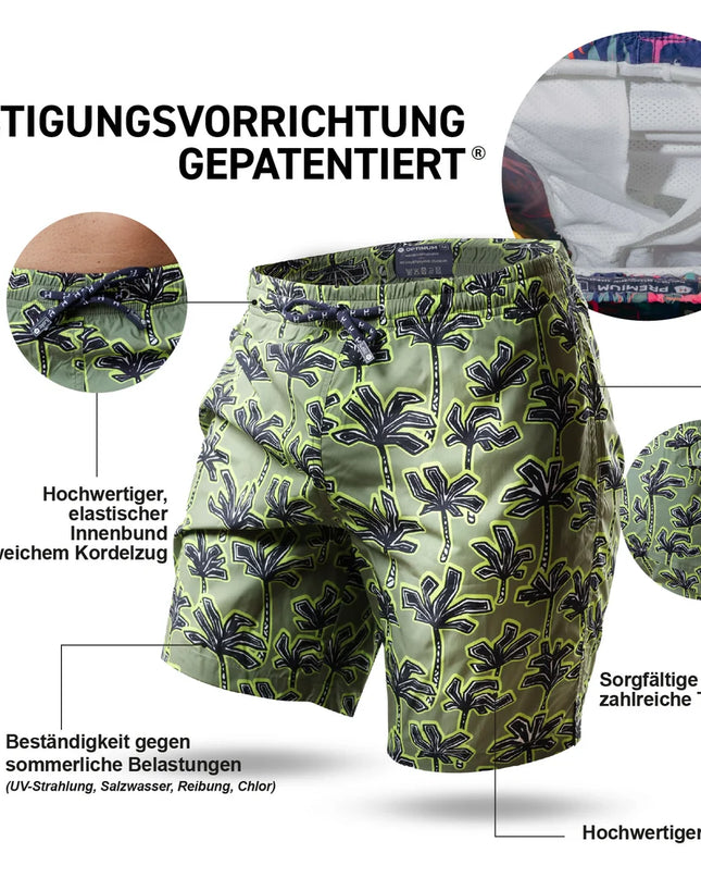 Loïc Henry Herren-Badeshorts Lang Kaki Palm mit patentiertem Haltesystem