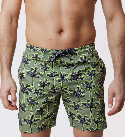 Loïc Henry Herren-Badeshorts Lang Kaki Palm mit patentiertem Haltesystem